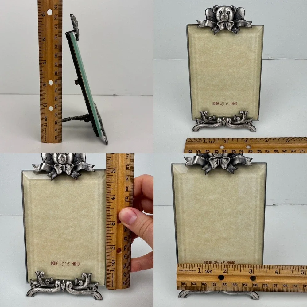 Vtg Tabletop Teddy Bear Angel Ribbon Filigree Photo Pic Frame Pewter Metal READ